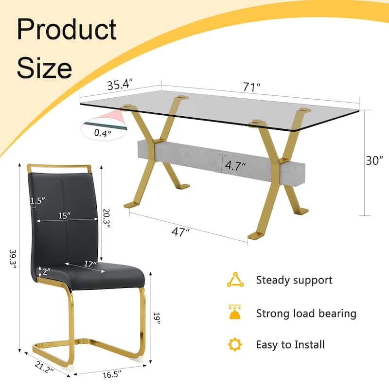 9-Piece Glass Dining Table Set for 8, 71" Rectangular Table with Gold Metal Base, 8 PU Dining Chairs for Kitchen, Dining Room