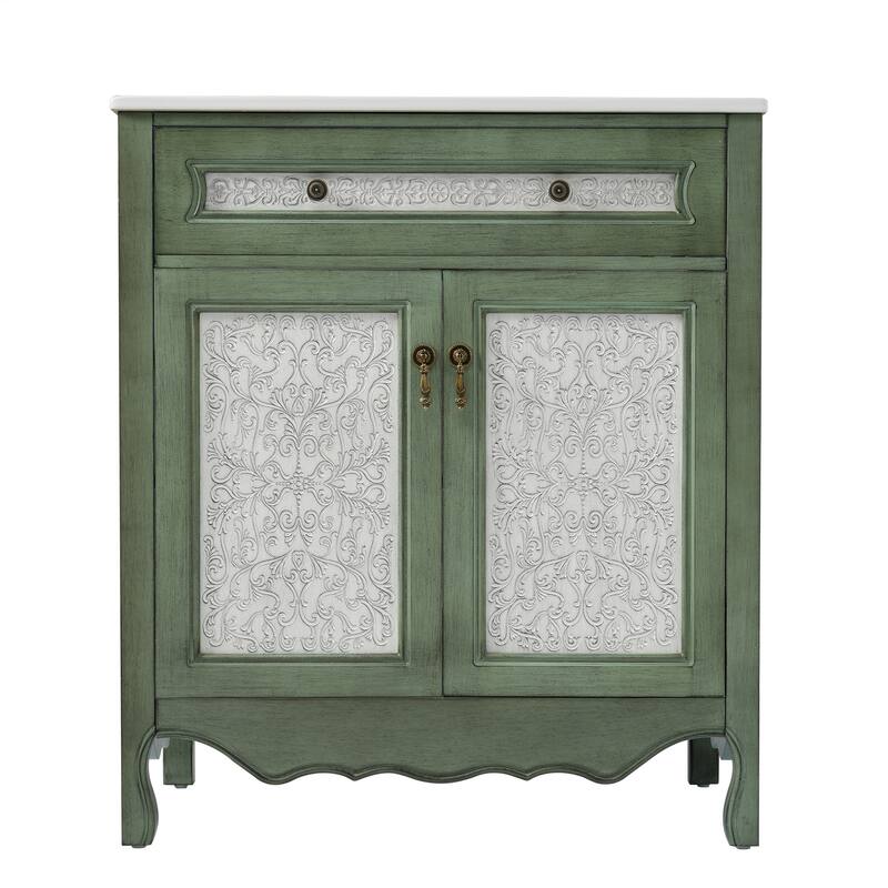 Christopher Knight Home - 30" Antique Pattern Bathroom Vanity with Ceramic Sink & Flip-Out Drawer