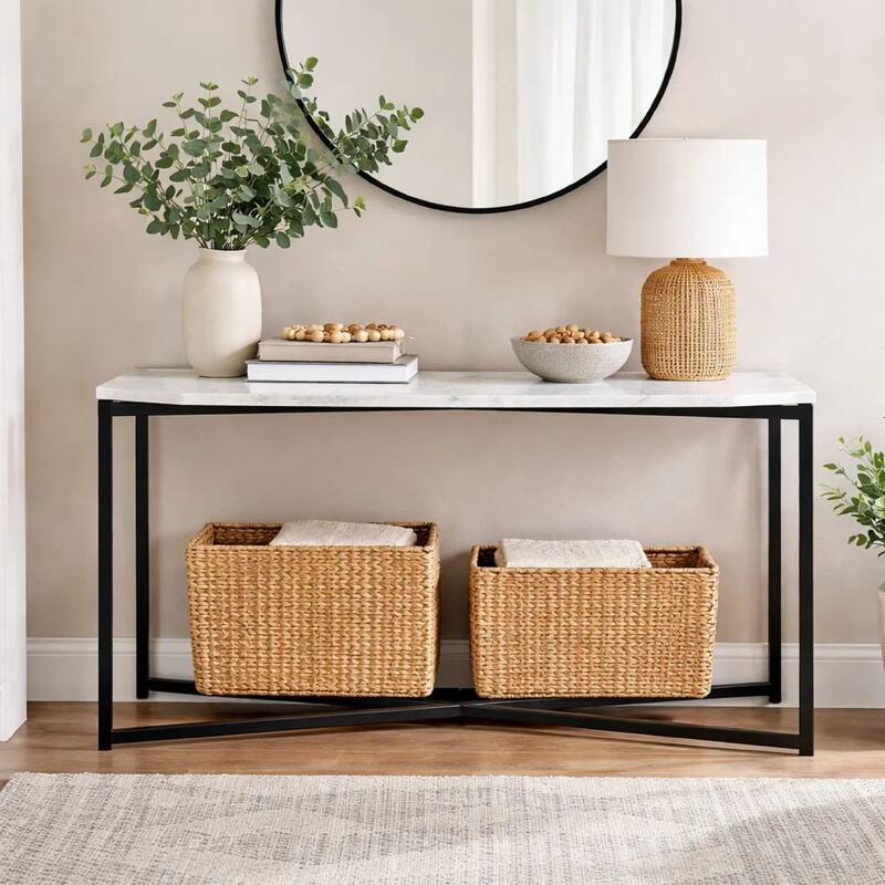 Agnew 50 Inch Console Table, White Marble Top, Tubular Black Steel Base