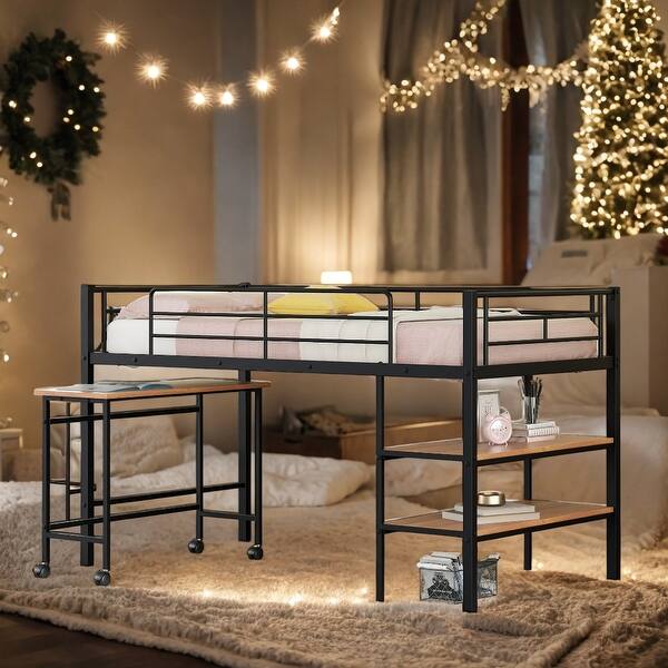 slide 2 of 32, Twin Size Metal Loft Bed with Desk and Shelves, Space-Saving Design Children's Bed With Guardrail,Rolling Desk Black
