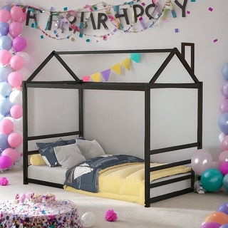 House Platform Bed with Roof and Chimney Design, Twin Size - Sturdy Metal Frame for Kids' Room, Black