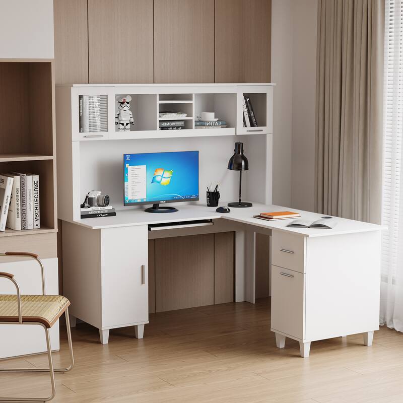 Computer Desk for Home Office with Storage Shelves, Drawers, and Cabinets, Spacious Workstation