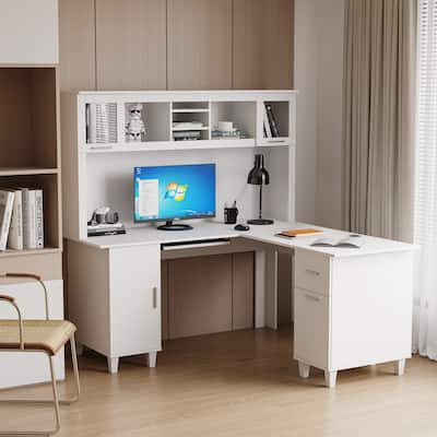Home Office Computer Desk with Storage Shelves, Drawer, and Cabinets