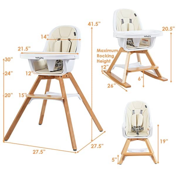 dimension image slide 1 of 2, Costway 3-in-1 Convertible Wooden Baby High Chair w/ Tray Adjustable