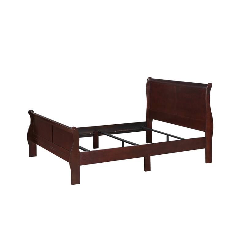 Brown Cherry Finish Queen Size Panel Sleigh Bed Solid Wood Furniture