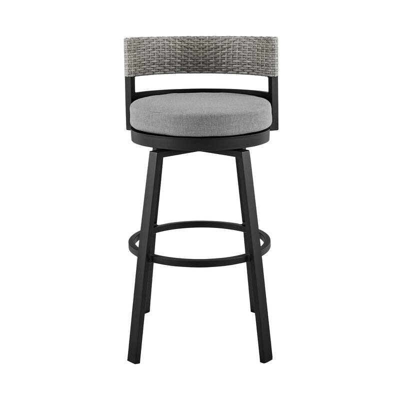 HomeRoots 33" Light Gray Metal Swivel Low back Outdoor Bar Height chair with Footrest