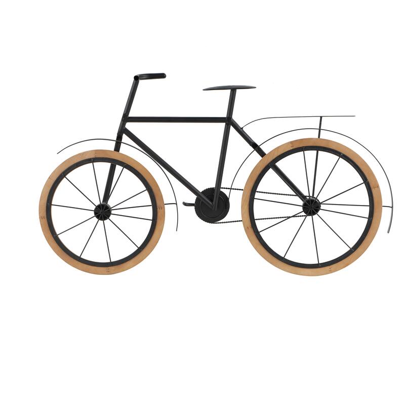 Black Metal Bike Home Wall Decor with Brown Wooden Wheels