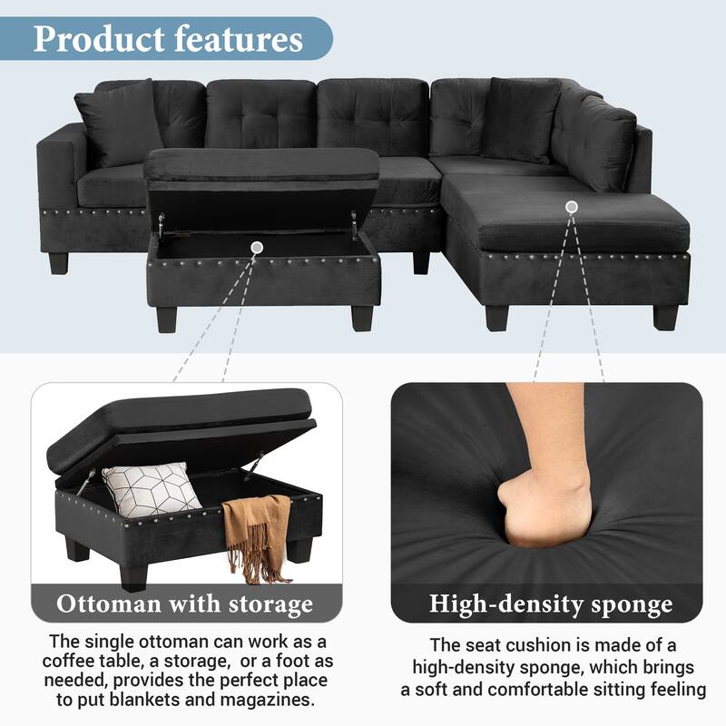 105.1" Velvet L-Shaped Sectional Sofa with Reversible Chaise, Storage Ottoman and Cup Holders