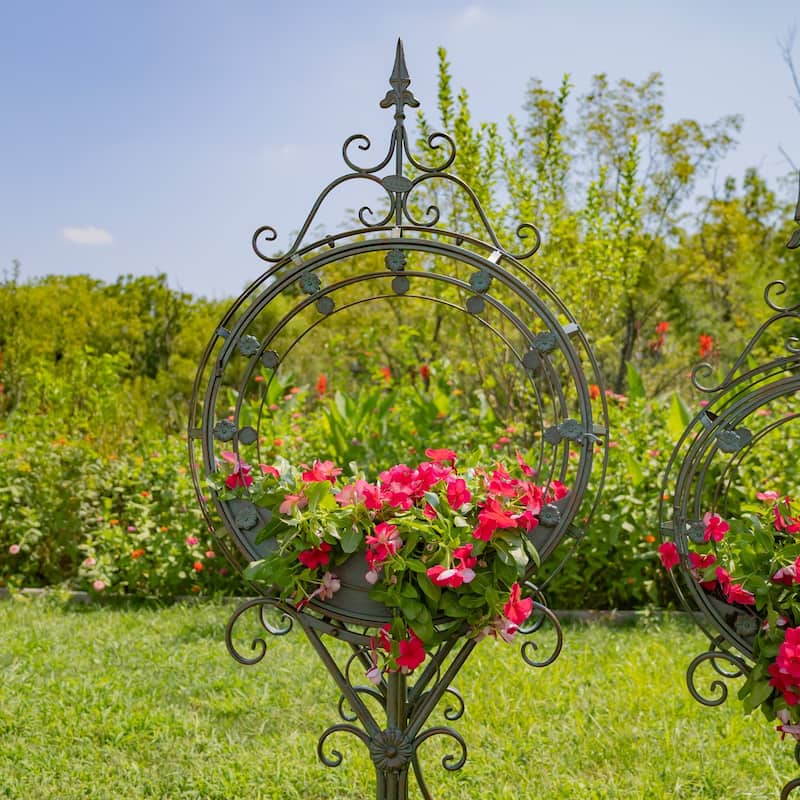 Set of 2 Tall Round Metal Planters with Removable Trays Garden Decor in Verdi Green