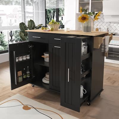 Kitchen Island with Drop Leaf, 3 Tier Pull Out Cabinet Organizer, Internal Storage Rack, Rolling Kitchen Cart on Wheels