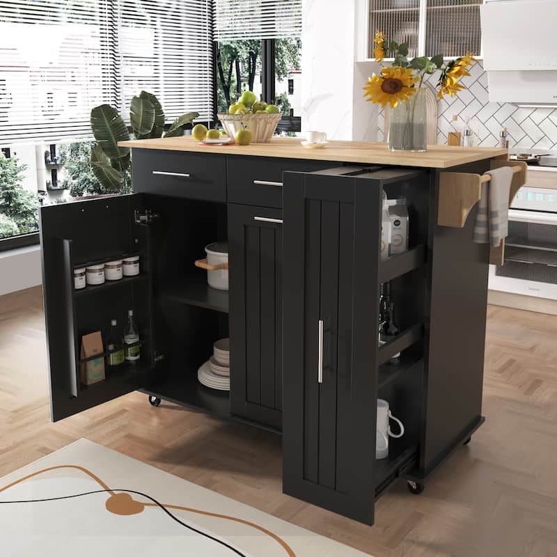 Kitchen Storage Island Car with Drop Leaf, 3 Tier Pull Out Cabinet, 2 Drawers, Internal Storage Rack &Towel Rack - Black