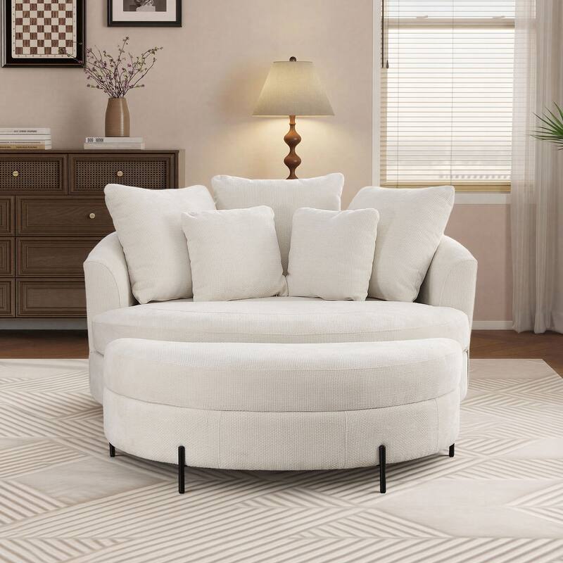 59.8''W Oversized Sofa Chair Set, Round Accent Barrel Chair With 5 Pillows and 1 Storage Ottoman