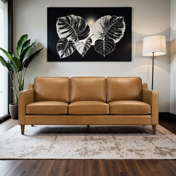 Madeline Mid Century Modern Furniture Genuine Leather Couches in Cognac Tan