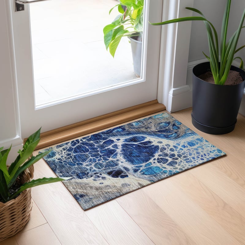 Machine Washable Indoor/ Outdoor Chantille Contemporary Rug - Navy - 1'8" x 2'6"