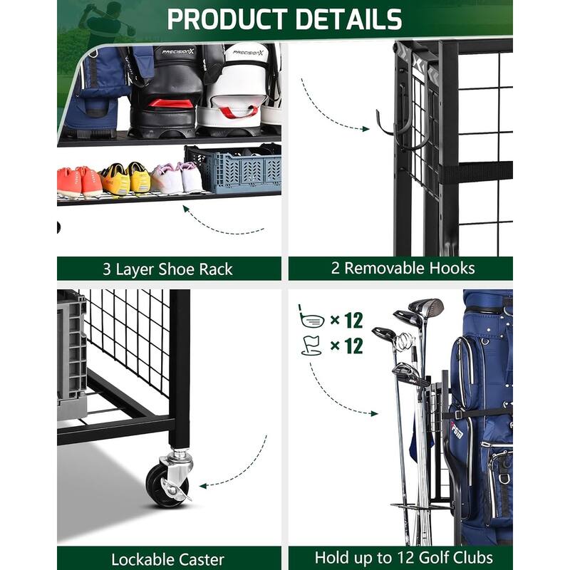 4 Golf Bag Storage Rack Rolling Garage Stand for Clubs and Accessories