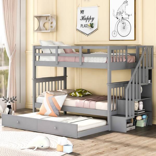 slide 2 of 16, Twin over Twin Bunk Bed with Twin size Trundle for Bedroom, Grey Grey