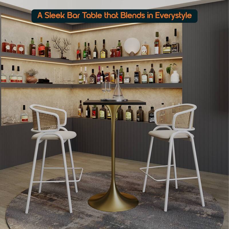 Verve 43 in. Tall Bar Height Dining Table Square MDF Wood Tabletop in Gold Stainless Steel Pedestal Base Accent Bar Table