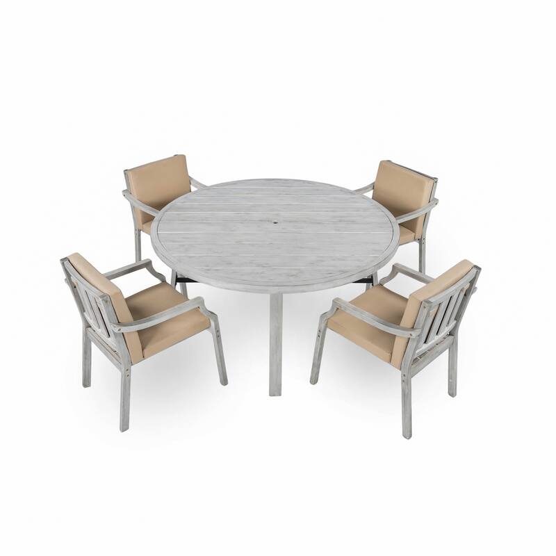 Outdoor Wood Dinning Set with Umbrella Hole and Removable Cushions