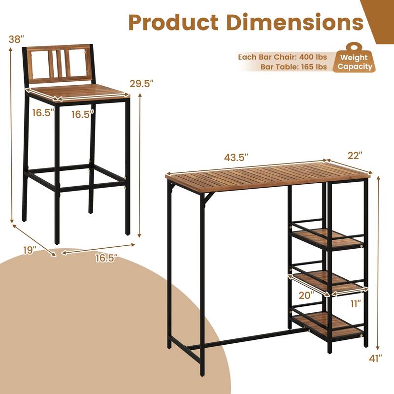 3 Pieces Outdoor Wood Bar Set with 3-Tier Storage Shelf and Metal Frame - Multi