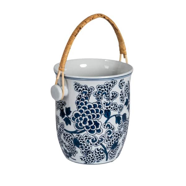 Ceramic Wine Cooler with Bamboo Handles - Blue