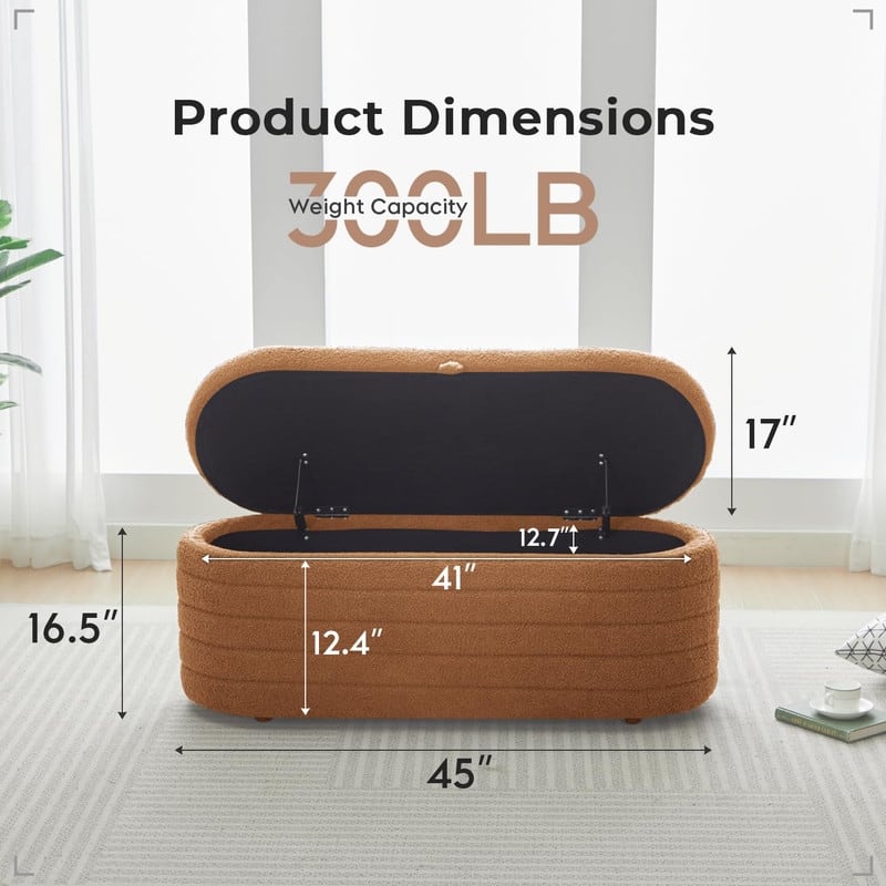 45" White Teddy Storage Ottoman Bench for Living Room Bedroom,Oval Sherpa Storage Bench Ottoman Foot Rest Anti-slip Legs