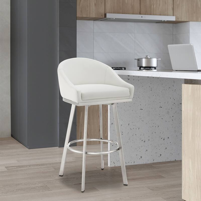 Eleanor Black or Brushed Stainless Steel Swivel Counter or Bar Stool - Brushed Stainless Steel & White - Bar Height