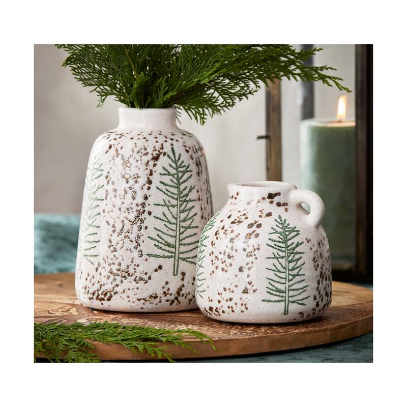 Small Pine Tree Decorative Vase - White Multi Ceramic Novelty Vase for Christmas - 5" H x 5" L x 5" W - Wipe Clean