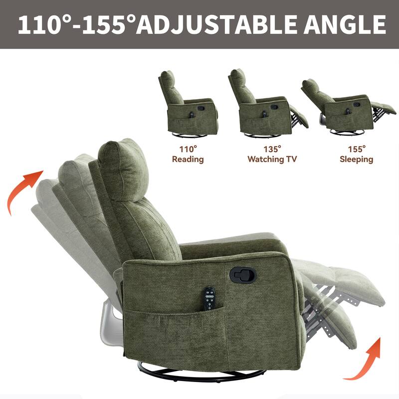 Swivel Recliner Chair with Heat & Massage, Heavy Duty Manual Recliner Chair, Glider Rocker Chair with Side Pocket
