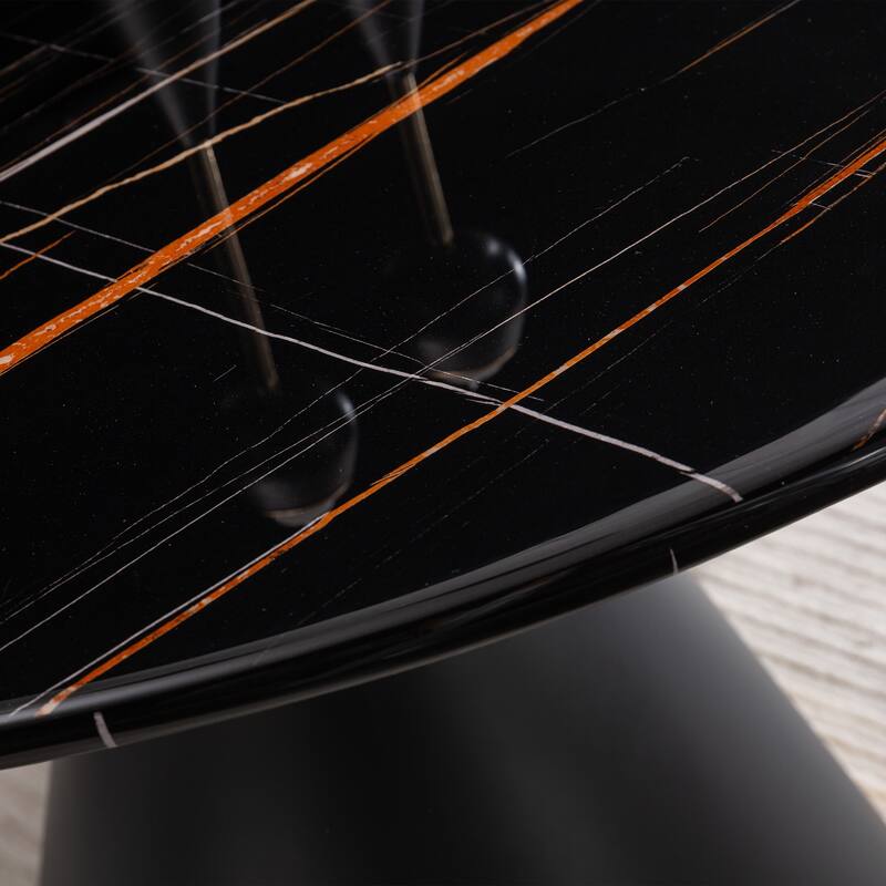 Marble Printed MDF Round Dining Table, Black Columnar Base with Gold Annulus(Not Including Chairs)