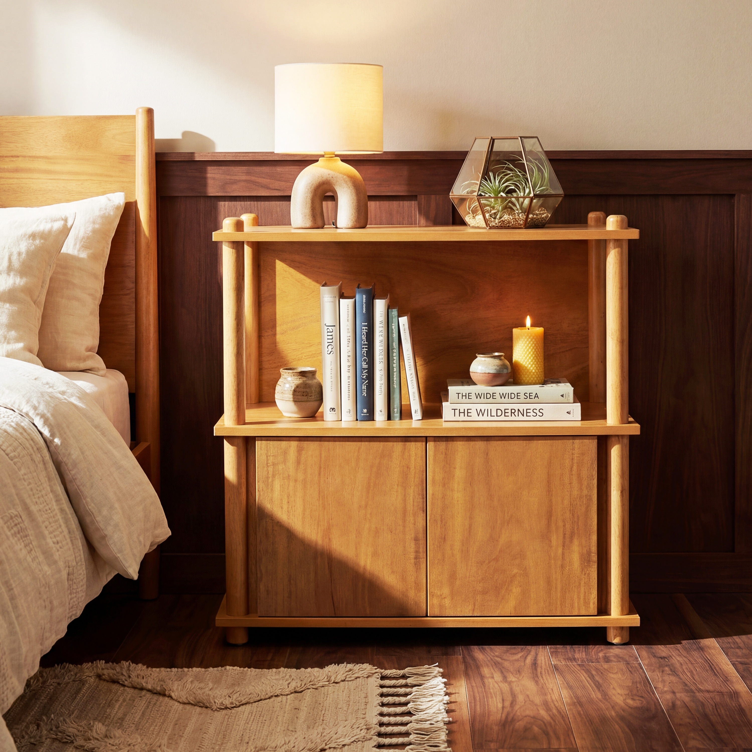 Christopher Knight Home - Mid-Century Mordern Wood Nightstand with Open Shelves and Storage Cabinet