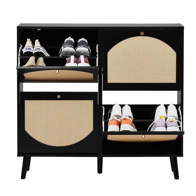 Rattan Shoe Cabinet with 2 / 4 Flip Drawers, Narrow Shoe Storage Cabinet,Organizer for Entryway, Bedroom, Living Room
