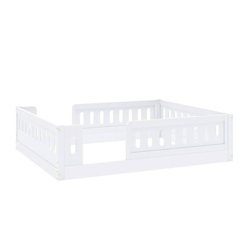 Kids Wood Floor Bed with Semi-Enclosed Guardrail and No-Slat Design