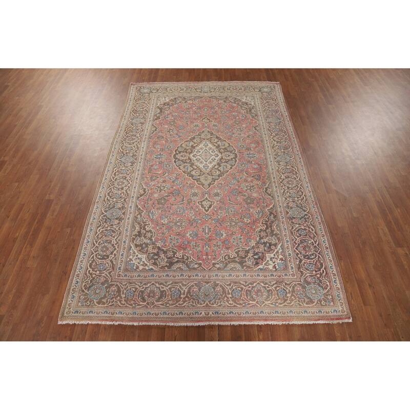 Pink Mashad Vintage Persian Area Rug Handmade Wool Carpet - 6'5" x 10'0"