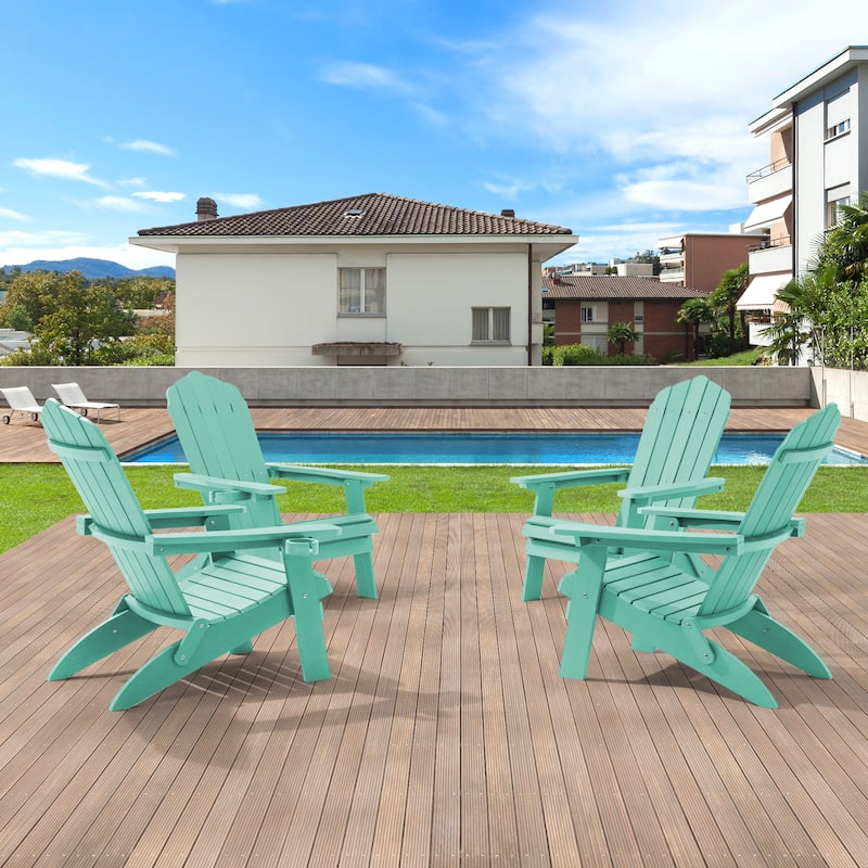 LIVOOSUN Outdoor Folding Adirondack Chair w/Cup Holder Set of 4 - Apple Green