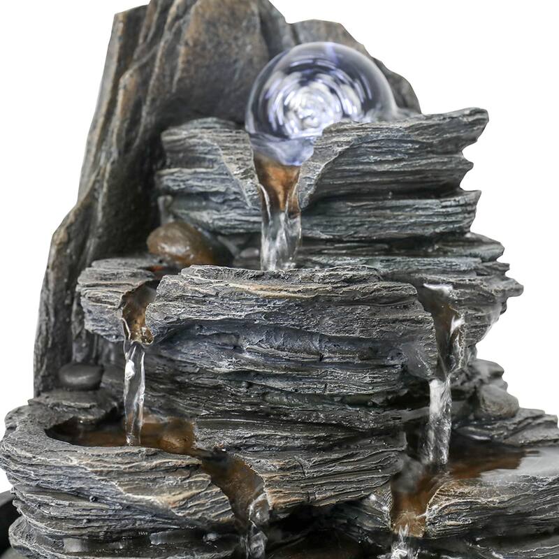 Cascading Rockery Water Fountain with LED Lights, Resin Water Feature