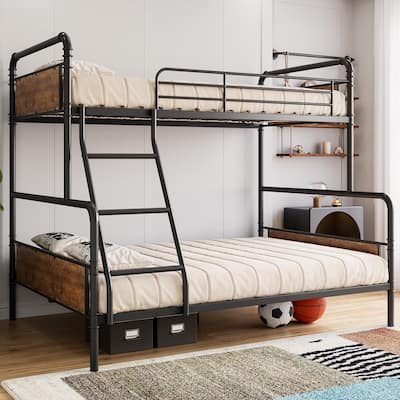 Metal Bunk Bed Twin Over Full Size, with Angled Ladder, High Guardrail