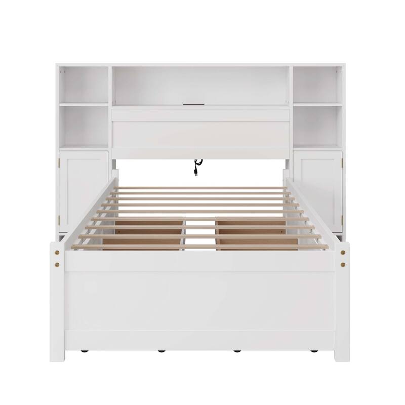 Storage Bed with Tall Bookcase Headboard, 6 Drawers & Charging Station