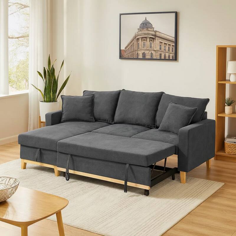 84 Inch Reversible Sleeper Sectional Sofa with Storage Chaise, Modern, Gray