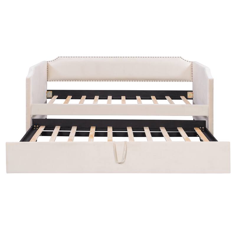 Roomfitters Twin Size Velvet Upholstered Daybed with Pop Up Trundle, Space Saving Sofa Bed Frame with Slats