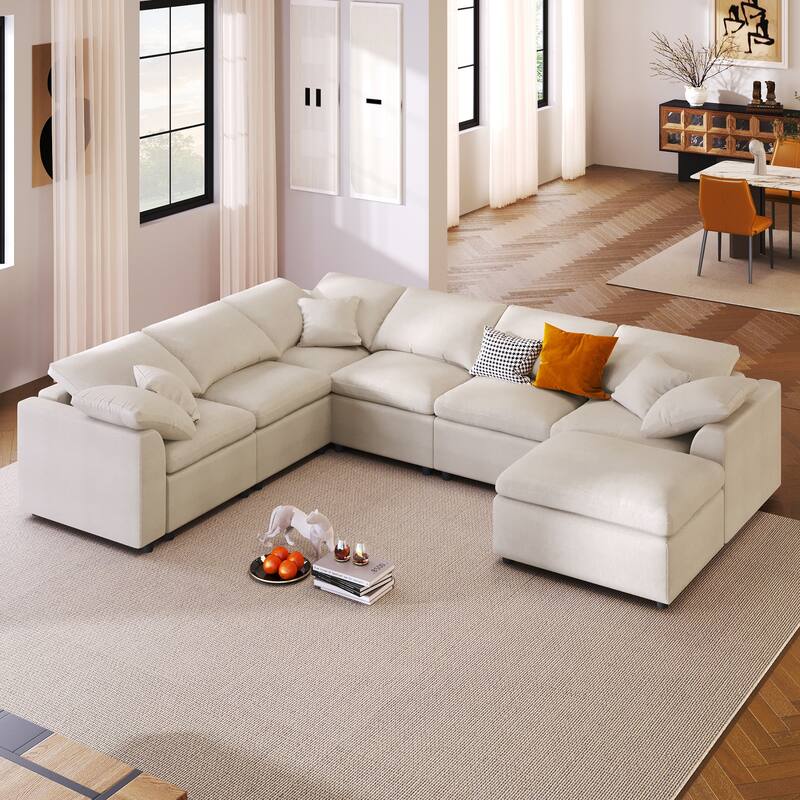 7-Seater Modular Chenille Sectional Sofa with Movable Ottoman by Harper&Bright Designs - Beige