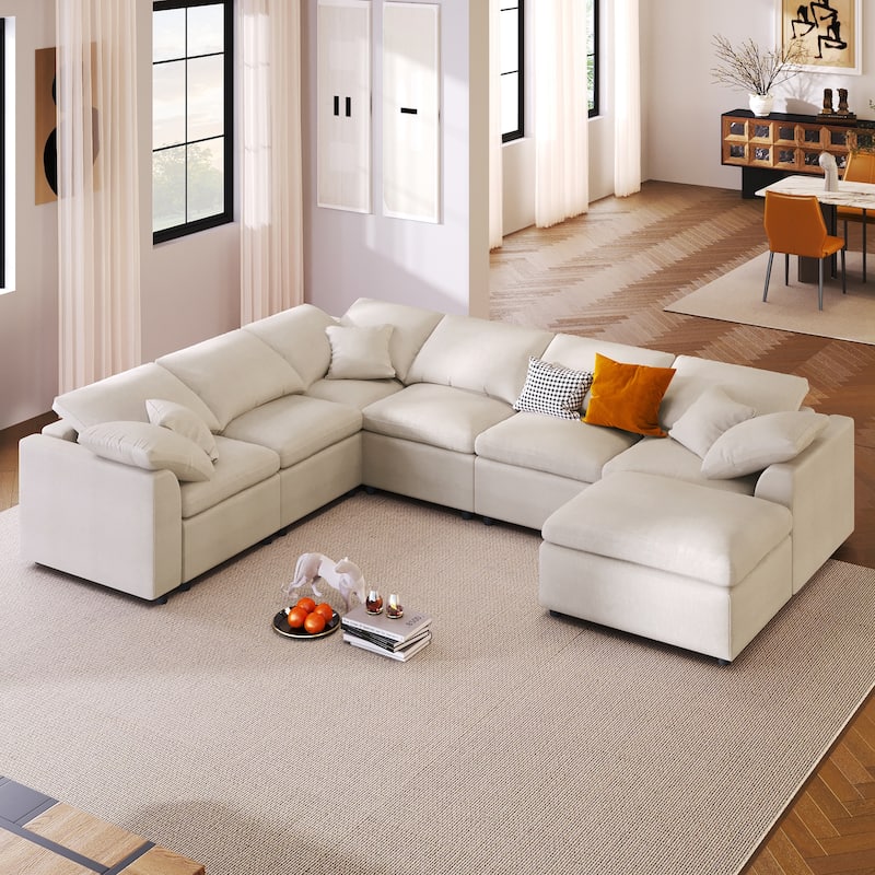 Roomfitters 124.8" 7-Seater Modular Sectional Sofa, Large Modern L-Shaped Upholstered Couch with Ottoman for Living Room, Beige - Beige