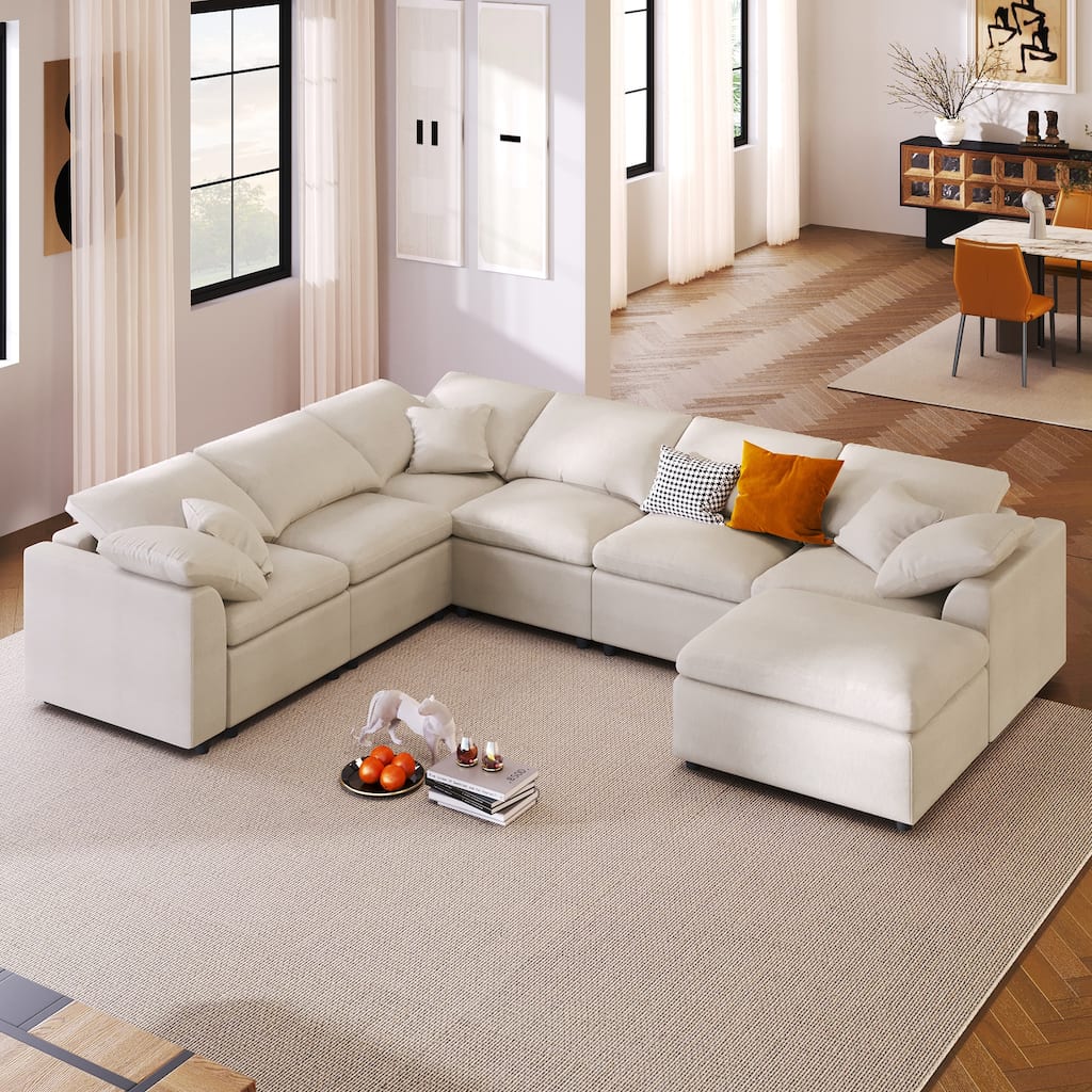Roomfitters 124.8" 7-Seater Modular Sectional Sofa, Large Modern L-Shaped Upholstered Couch with Ottoman for Living Room, Beige