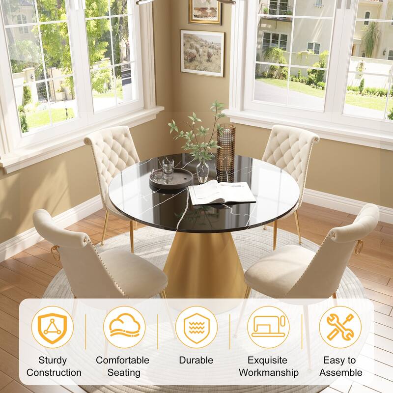 48" Marble Top Metal Dining Table with Velvet Dining Chair Set