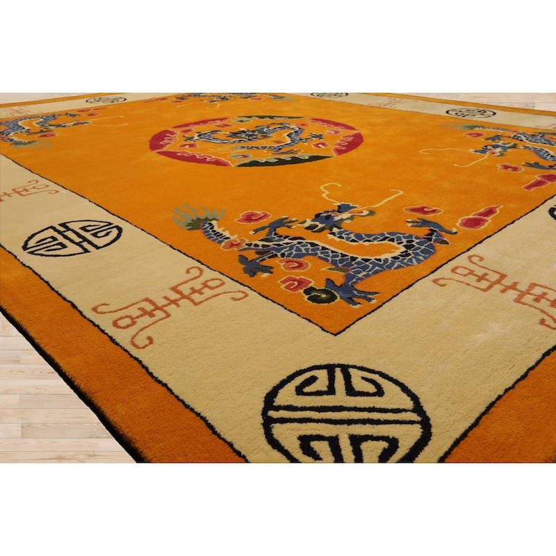 Gold Medallion & Dragon Chinese Art Deco New Zealand Wool Hand Tufted Multi Size Oriental Area Rug LoomBloom