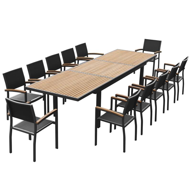 HIGOLD Extendable Outdoor Dining Set, 12-person Teak Patio Furniture - Black/Beige