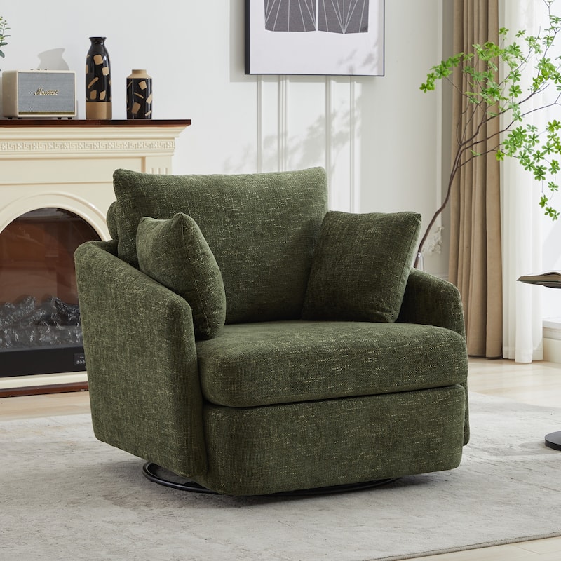 Chenille Upholstered Swivel Accent Chair, Cozy Club Chair with 2 Thorw Pillows, Oversized Lounge Armchair with Metal Base
