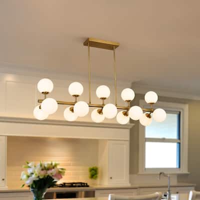 44in W Linear Mid Century Modern Chandelier 15 Light Gold Brass Sputnik Pendant Light with Frosted Glass Globe for Dining Room