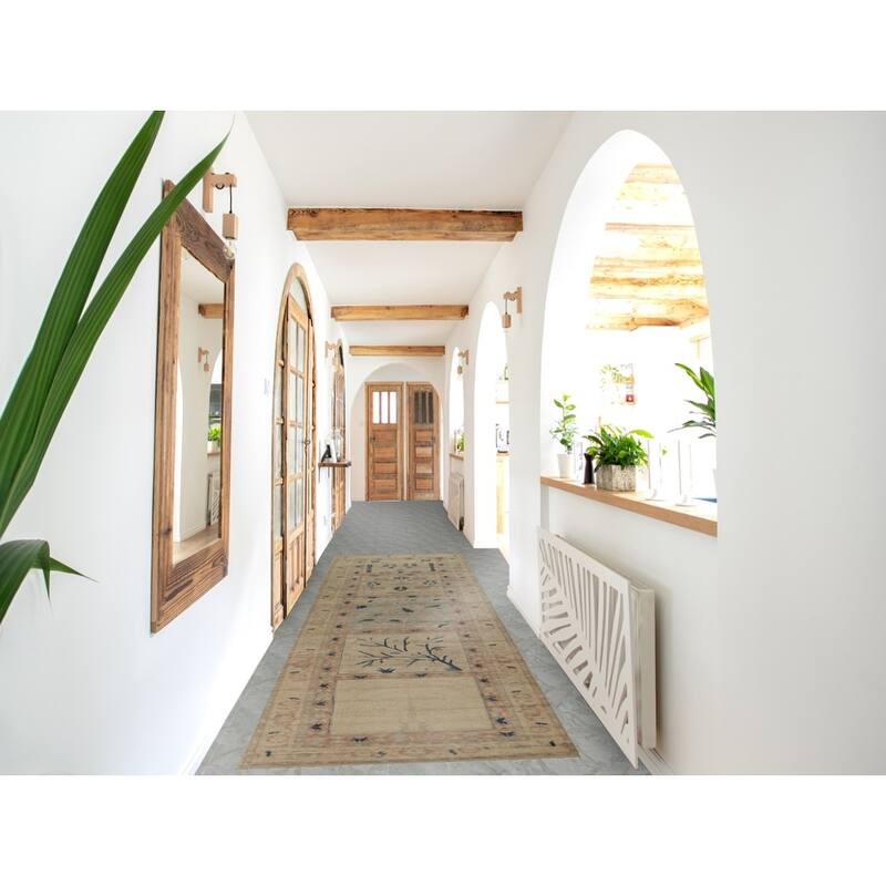 Hand Knotted Oriental 100% Wool Carpet Traditional Floral Beige & Ivories Art Deco Runner Rug - 11' 10'' X 3' 0''
