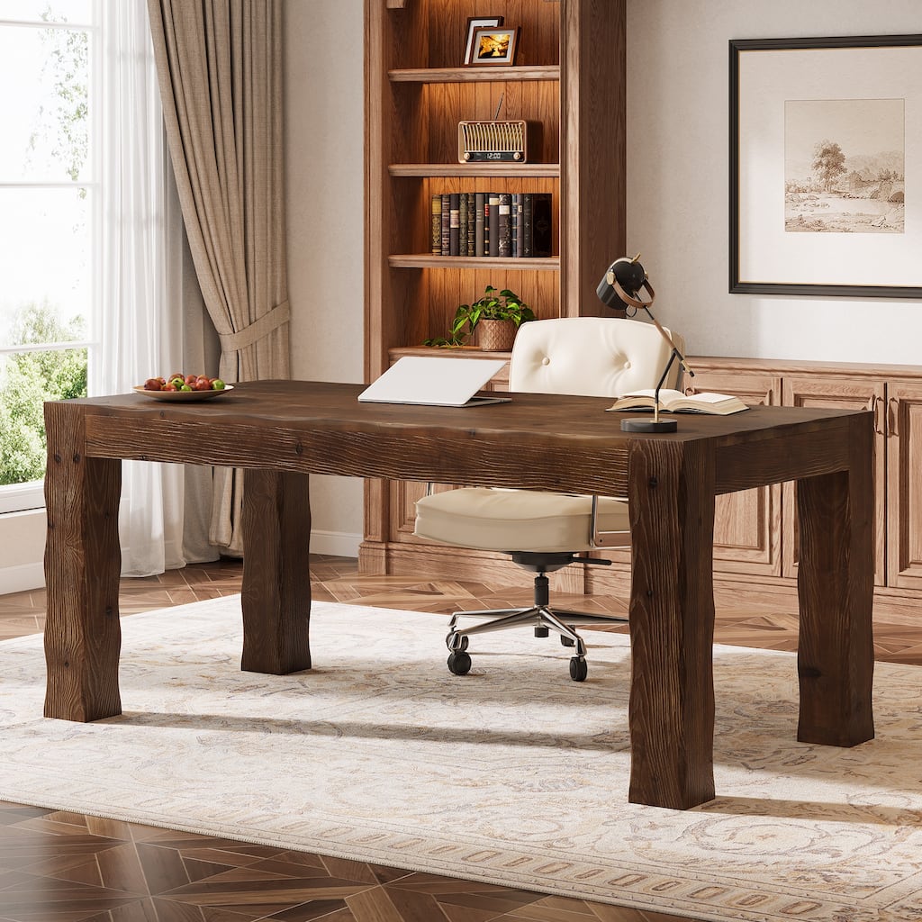 63-Inch Solid Wood Computer Desk, Large Executive Desk for Home Office