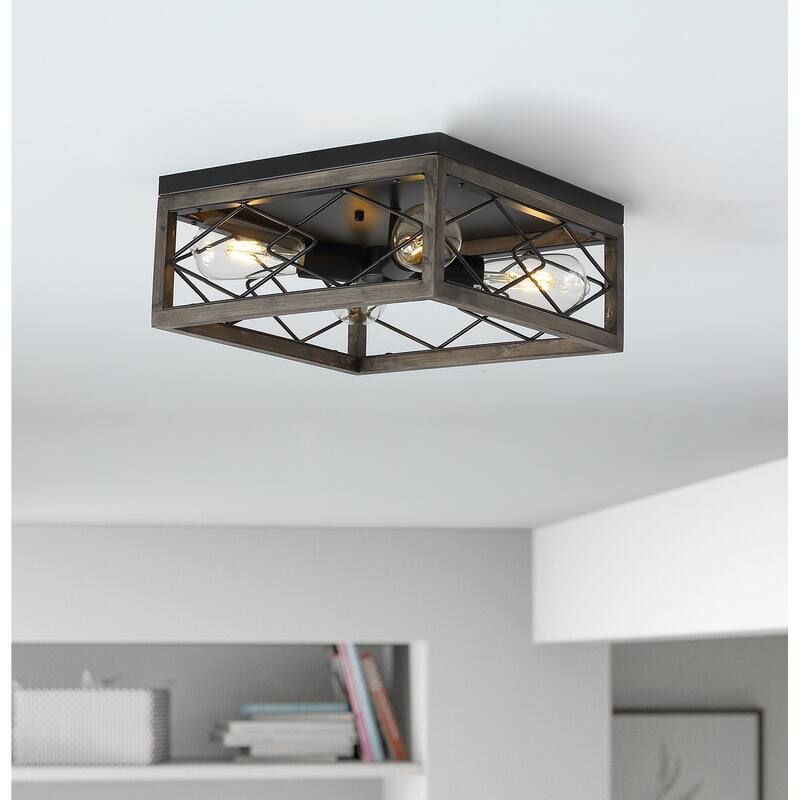Vintage Black 4-Light Caged Ceiling Lighting with Grey Wood Grain - Black/Grey